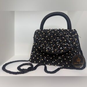 NEW Black & Gold Beaded Evening Bag with Shoulder Strap & Top Handle